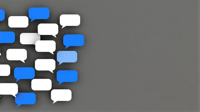 White and blue speech bubbles cluster on a dark gray background.