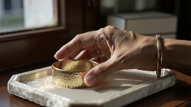 Reaching for gold cuff on padded tray, right hand with bangle lifting and examining inner surface