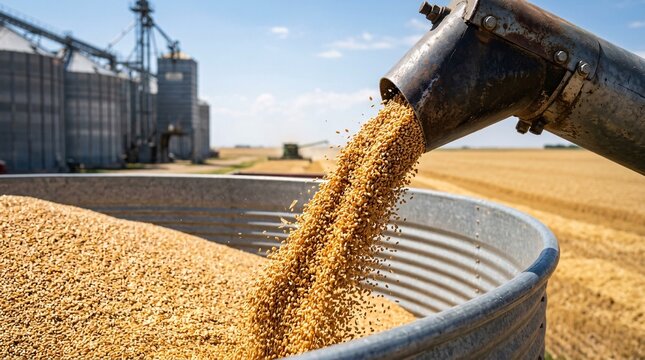 Golden wheat kernels pour from a shiny metal auger into a huge storage bin, glistening in midday sun with blurred silos and fields behind.