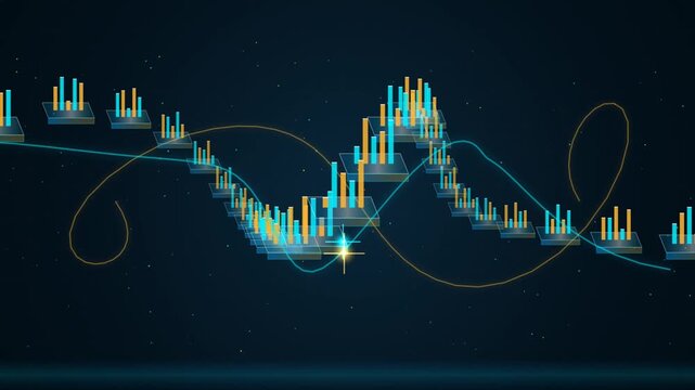Data Visualization Motion Graphic With Floating Bar Charts And Glowing Digital Lines On Dark Backgro