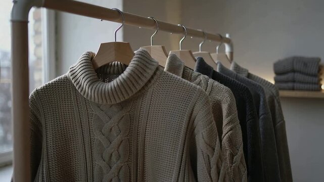 Gliding camera revealing beige knit turtleneck on wood hanger by window, displaying folded knits