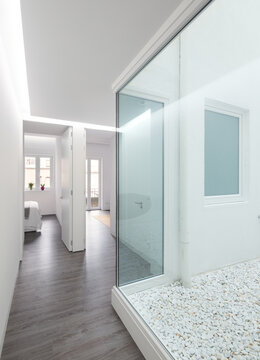 Minimalist luxury house interior with glass courtyard