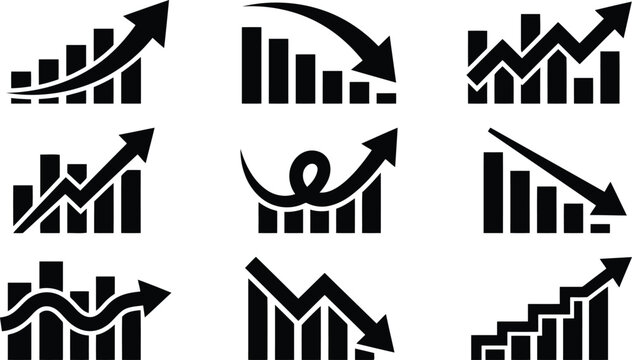 Collection of nine black silhouette showing various financial growth and decline charts with arrows on a plain white background