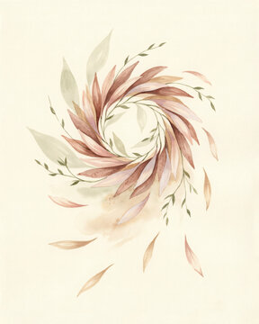 Delicate Watercolor Botanical Swirl Wreath Featuring Soft Pastel Foliage and Floating Leaves in an Elegant Artistic Composition