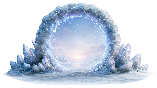 Fantasy Magic Ice Portal Opening to a Frozen Winter Mountain Landscape