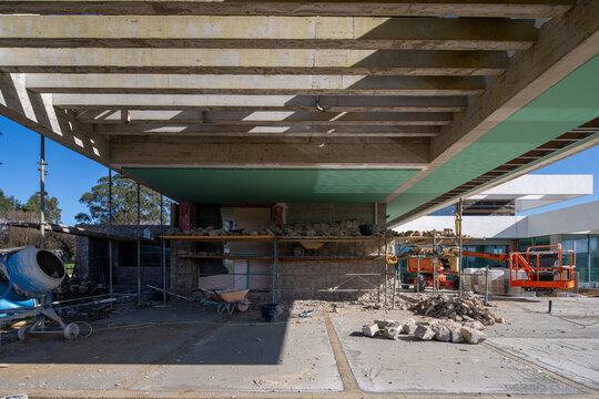Modern house construction with concrete structure and equipment