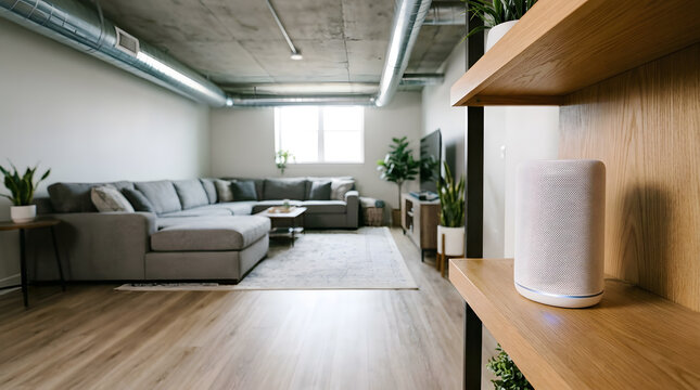 Smart Speaker on Modern Living Room Shelf | Minimalist Interior Home Decor | Modern Smart Home Audio System