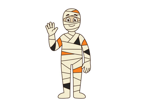 Cute cartoon mummy waving hello in a playful halloween illustration on white