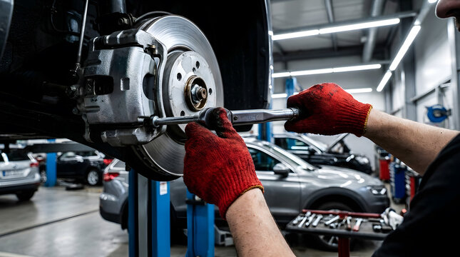 Mechanic Installing Car Disc Brake Rotor | Automotive Brake Repair Service | Professional Auto Mechanic Workshop