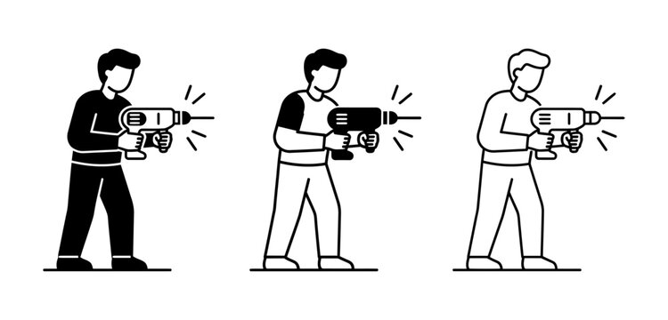 Sequential illustrations of a person holding and using a power tool with sparks effect drilling sequence construction handheld tool animation