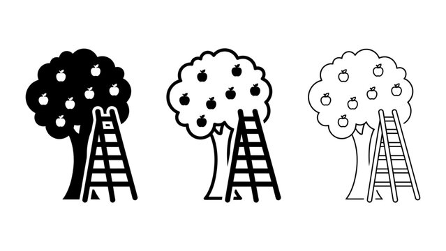 Three stylized trees with ladders leaning against them in a minimalist line drawing style for design projects, tree ladder design, vector tree and ladder