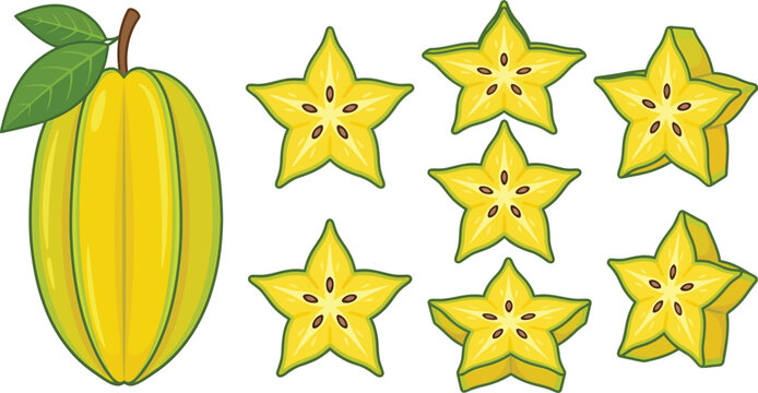 Whole fresh yellow starfruit with green leaves and multiple sliced star shaped pieces on white background