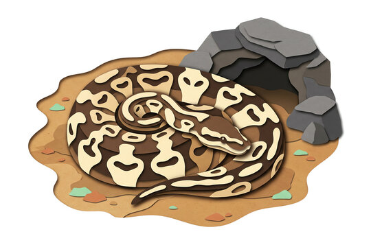 Ball python curled in a tight coil on warm dry earth