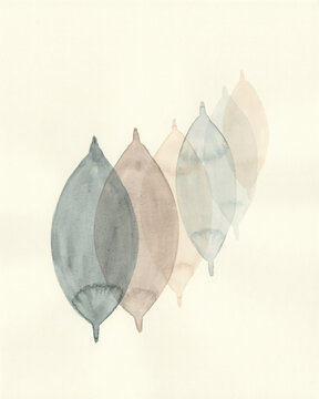 Abstract Watercolor Botanical Illustration Featuring Overlapping Leaf Silhouettes in Soft Earth Tones and Minimalist Scandinavian Aesthetic