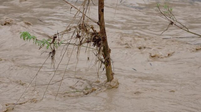 Raging flash flood overflowing river after heavy rain