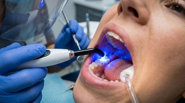 Dentist uses a glowing blue UV curing wand to harden a composite filling in a patient's open mouth, dramatic light on the treated molar.