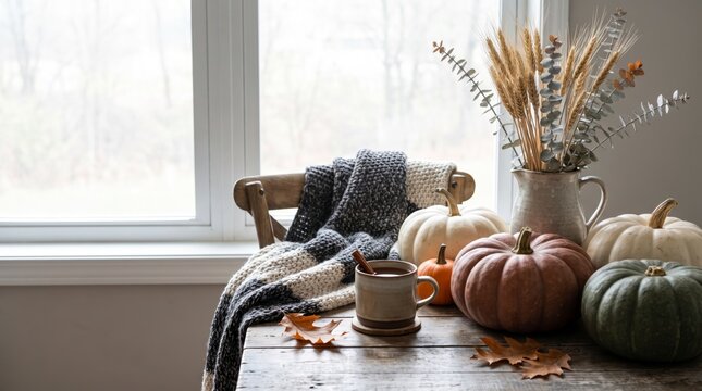 Rustic autumn table with pumpkins, knit blanket and hot cocoa by bright window
