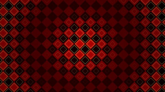 Abstract dark red geometric diamond pattern background with glowing golden outlines. This seamless looping motion graphic is perfect for elegant luxury or casino video designs.