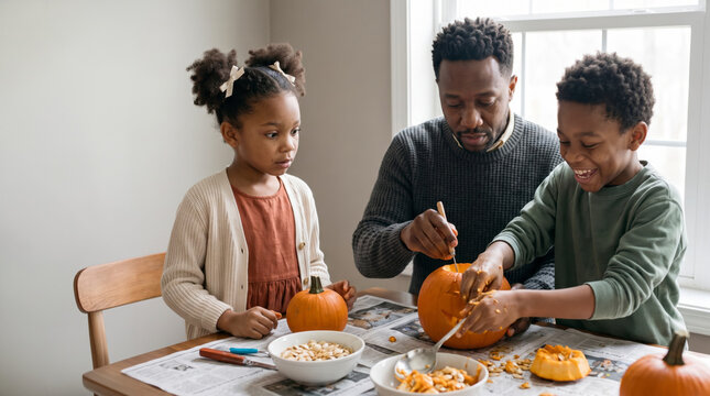 Curious children and father carving pumpkin together at sunlit kitchen table