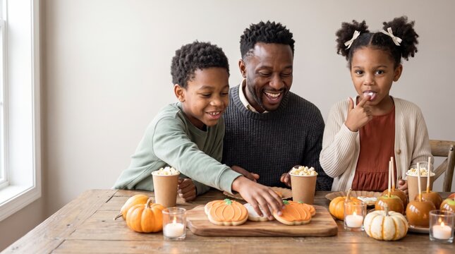 Delighted family sharing pumpkin cookies and caramel apples at rustic wooden table
