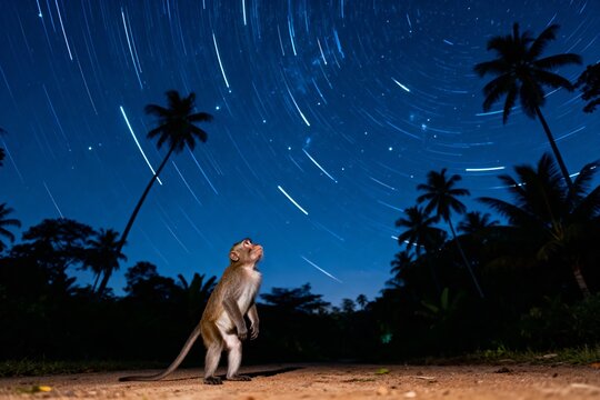 A monkey stands on a path at night, gazing up at star trails in a tropical setting with palm trees.