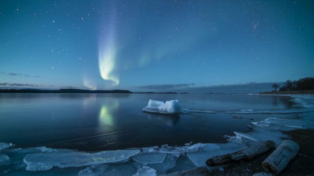 Floating ice floe drifting outward in cold coastal bay while auroral band developing, reflecting