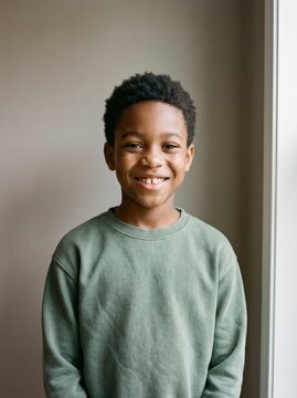 Playful boy portrait in green sweatshirt smiling against neutral wall in soft window light
