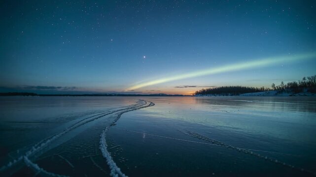 Reflecting frozen lake with parallel tracks reacting to auroral surge at twilight, green band
