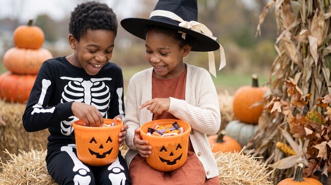 Gleeful children in skeleton and witch costumes sorting candy in orange pumpkin buckets