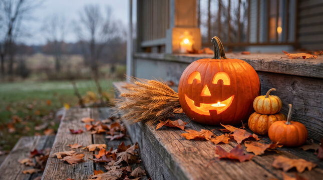 Glowing carved pumpkin on weathered porch step with autumn leaves and dried wheat at dusk