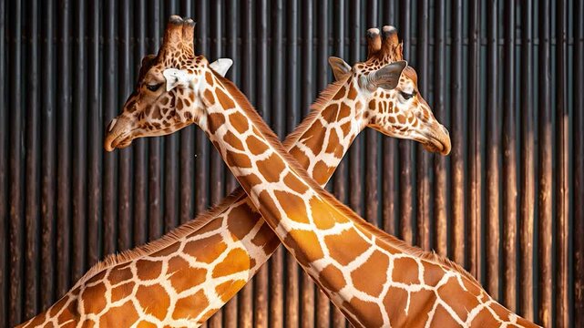 Two Giraffes Crossing Necks in Symmetrical Composition Against Vertical Wooden Background