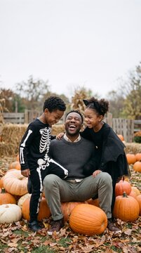 Affectionate father laughing with two costumed children seated among pumpkins in autumn patch
