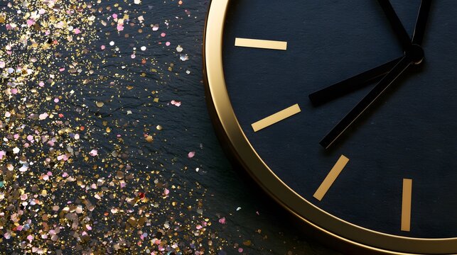 Gold clock face on dark slate with sparkling confetti and copy space