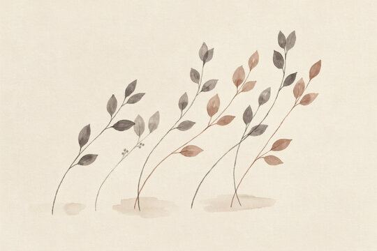 Minimalist Watercolor Illustration Featuring Delicate Botanical Stems and Earthy Autumnal Leaves in a Soft Serene Composition