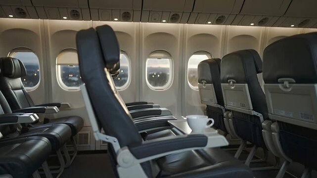 Starting pan camera revealing black leather seats with headrests in plane cabin, white cup on tray