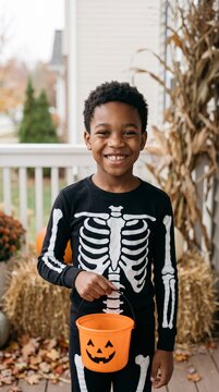 Proud boy in skeleton costume holding pumpkin bucket on porch with corn stalks and hay