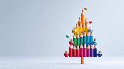Obraz premium Creative christmas tree made of colored pencils with festive ornaments on white background