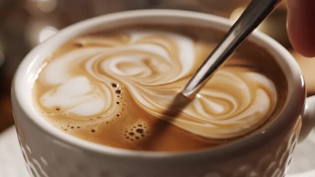 Close-up of Swirling Cream in Hot Coffee Cup with Spoon Stirring, Morning Beverage and Cafe Concept, Delicious Refreshment and Relaxation Visual