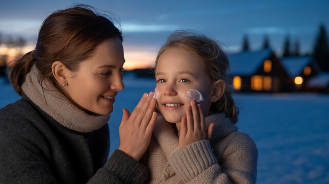 Mother applying cream to her daughter.