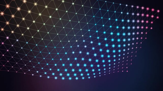 Neon Glowing Digital Grid Mesh Animation with Pulsing Colorful Particles and Waveform Movement