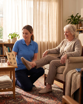 Home health aide guiding a seated senior through an ankle exercise in a living room