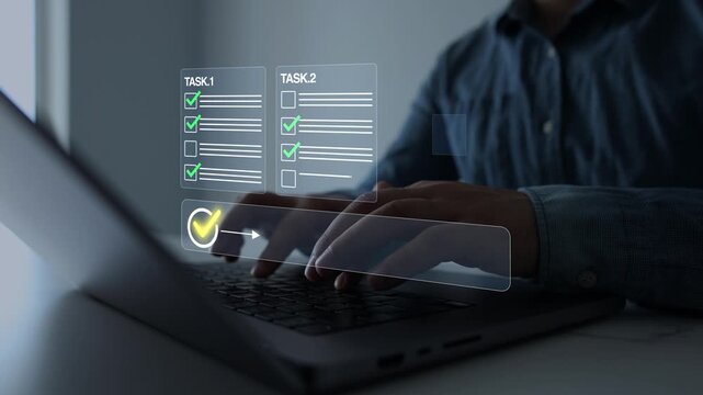 Corporate productivity manage, document review and business process automation concept.Digital task management with checkmark, workflow optimization and project planning. 