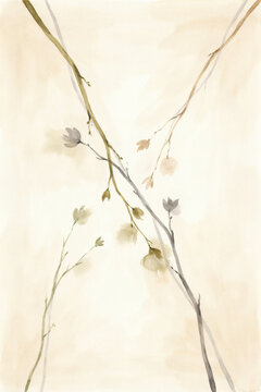 Minimalist Watercolor Painting Featuring Delicate Botanical Twigs with Soft Floral Accents on a Neutral Beige Backdrop