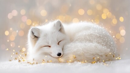 Fototapeta premium Serene arctic fox resting in snow with warm glowing bokeh lights in winter wonderland