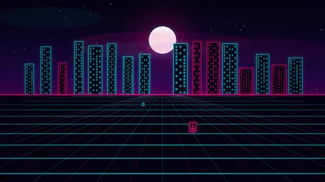 Retro Synthwave Cityscape Loop with Neon Skyscrapers and Glowing Grid Floor for Futuristic Projects