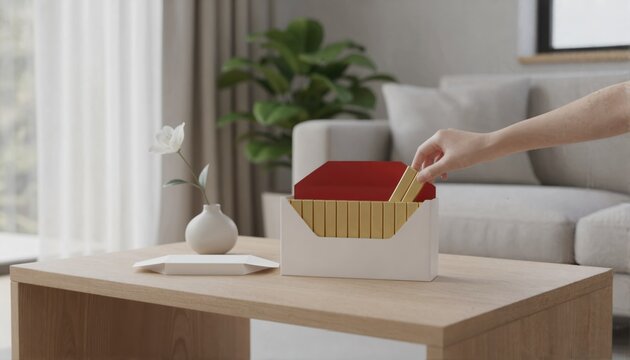 Elegant white candy box being opened on a marble coffee table in a sunlit lounge