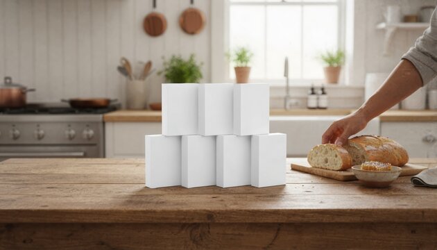 Elegant white retail boxes on a rustic wooden table with honeycomb and artisanal bread