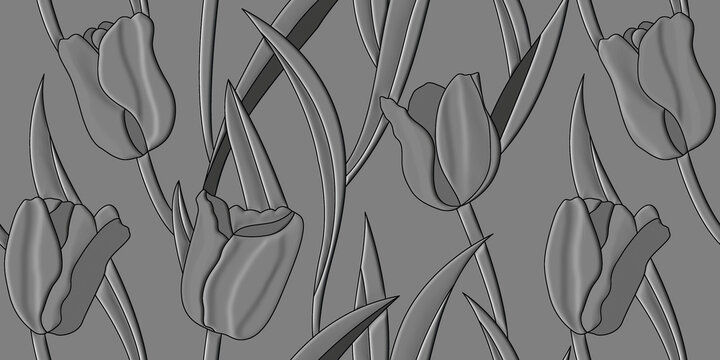 Monochrome tulip floral pattern, embossed grey tulip flower background, modern relief texture wallpaper