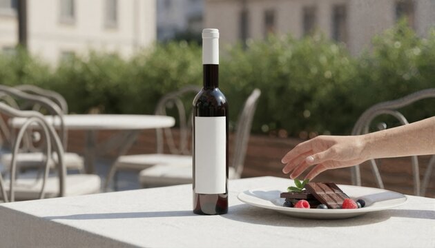 Elegant wine bottle with white label on a sophisticated dessert table
