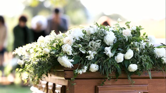 Wooden casket covered with fresh white flowers and green foliage at a peaceful outdoor memorial, grieving attendees softly blurred in the background, funeral ceremony, mourning and remembrance concept